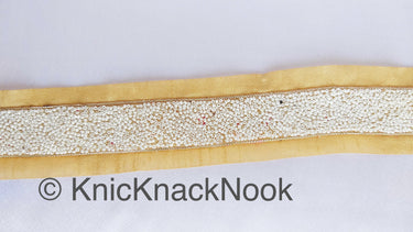 Beige Fabric Trim With White Seed Beads Embellishments, Beaded Trim,